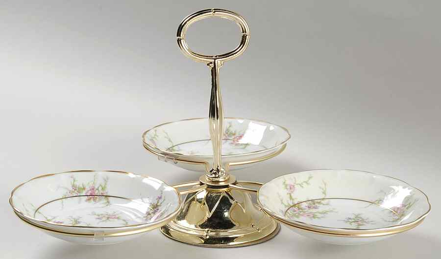 Rosalinde (France, Gold Trim) 7" x 12" 3-Part Relish & Metal Stand (FR) HC by Haviland-1