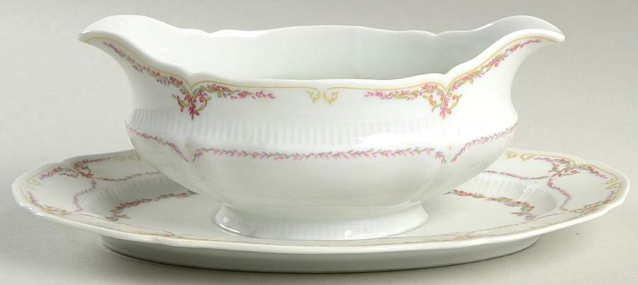 Savoie (Fr, Pink & Green Design) Gravy Boat with Attached Underplate by Haviland-1