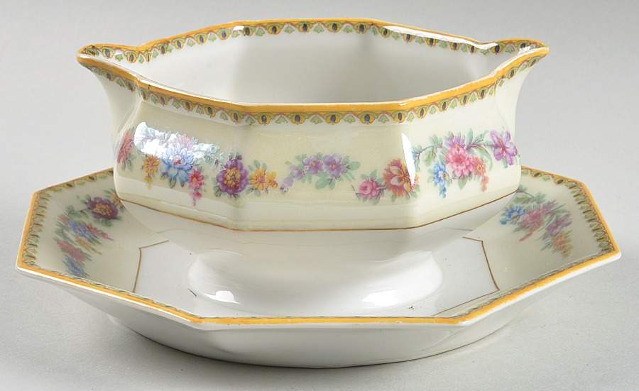 Vendome (Older, Yellow Trim) Gravy Boat with Attached Underplate by Haviland-1
