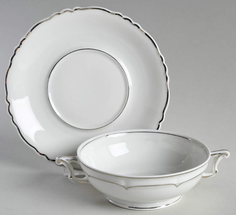 Versailles White (Platinum Trim) Footed Cream Soup Bowl & Saucer Set by Haviland-1