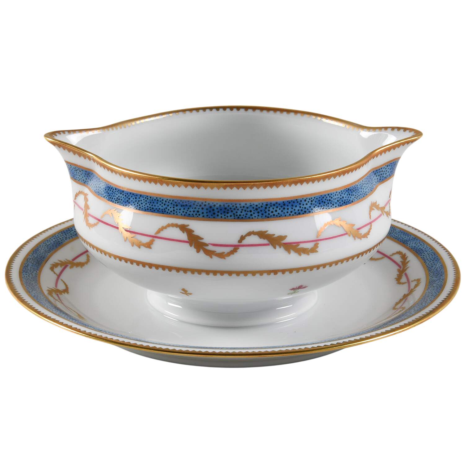 Vieux Paris Blue Round Gravy Boat/Attached Underplate by Haviland-1