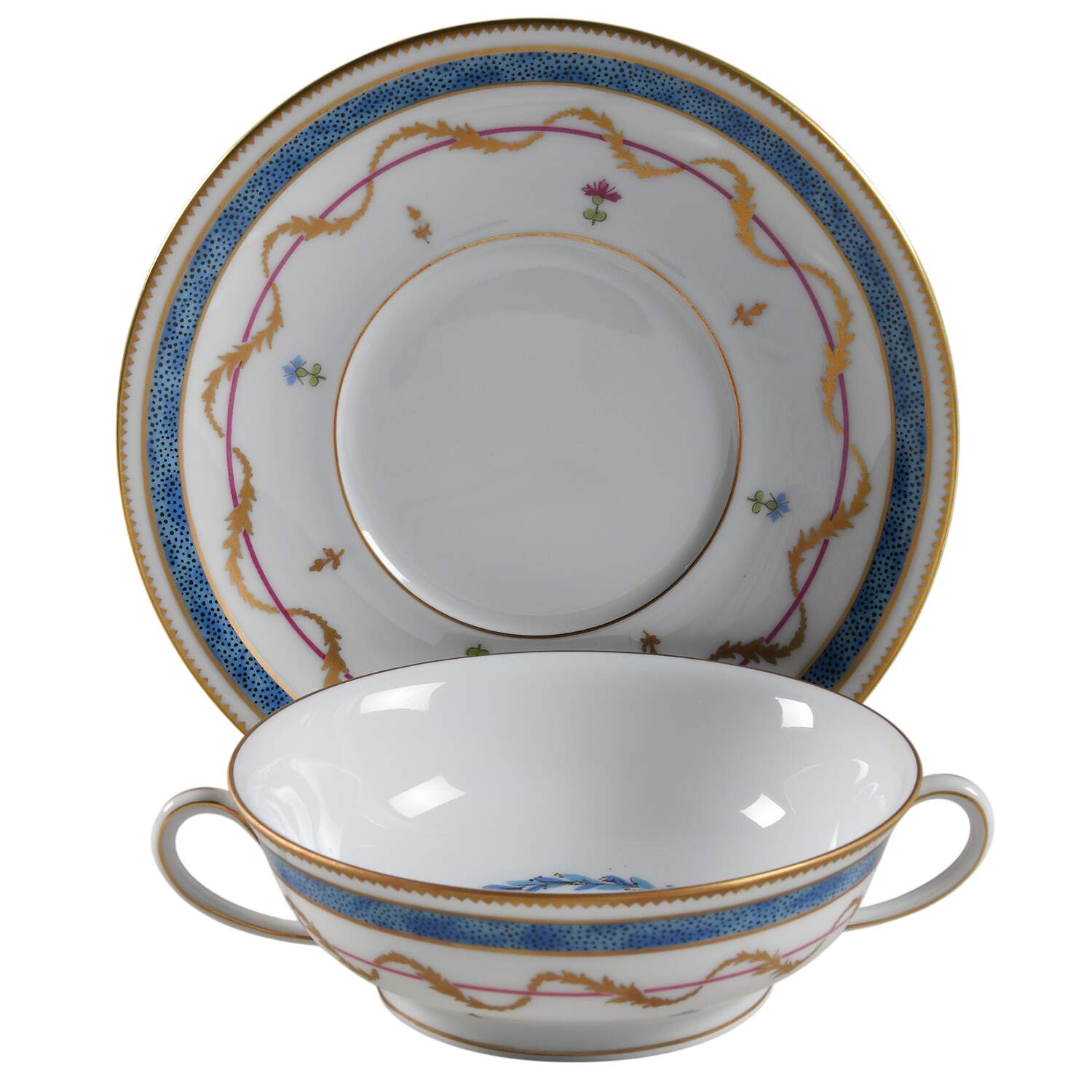 Vieux Paris Blue Flat Cream Soup Bowl & Saucer Set by Haviland-1
