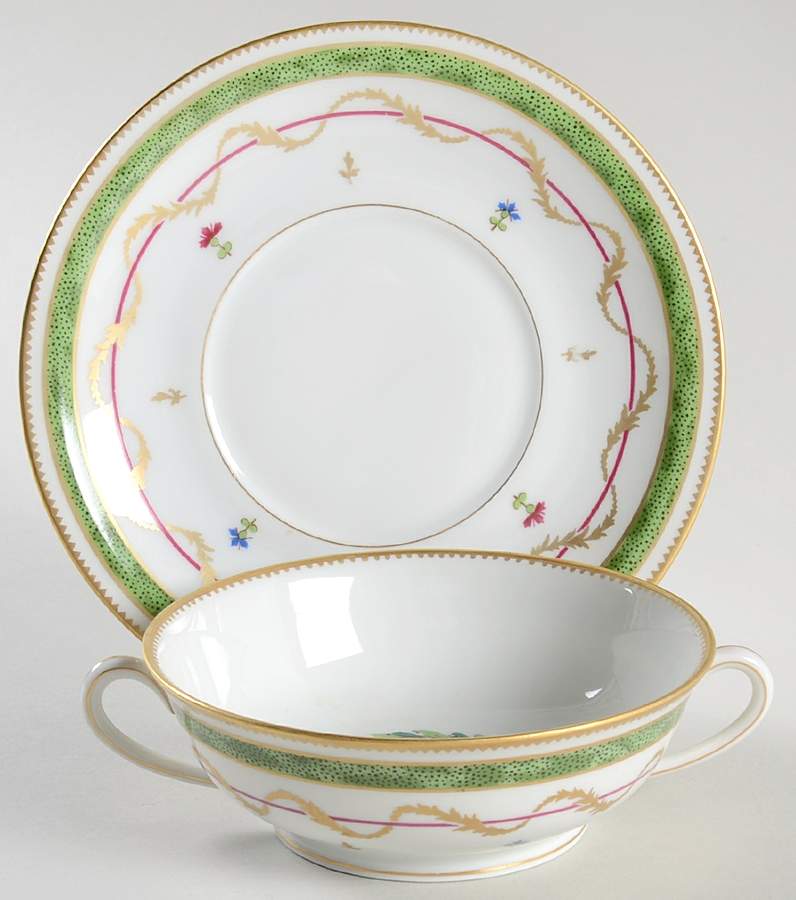 Vieux Paris Green (Vert) Footed Cream Soup Bowl & Saucer Set by Haviland-1