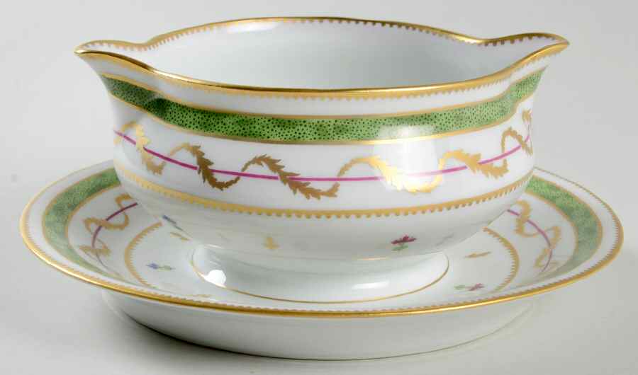 Vieux Paris Green (Vert) Gravy Boat with Attached Underplate by Haviland-1