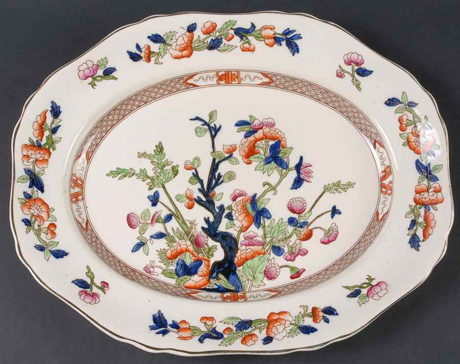 Indian Tree (Scalloped, Gold) 14" Oval Serving Platter by Sampson Hancock & Sons-1