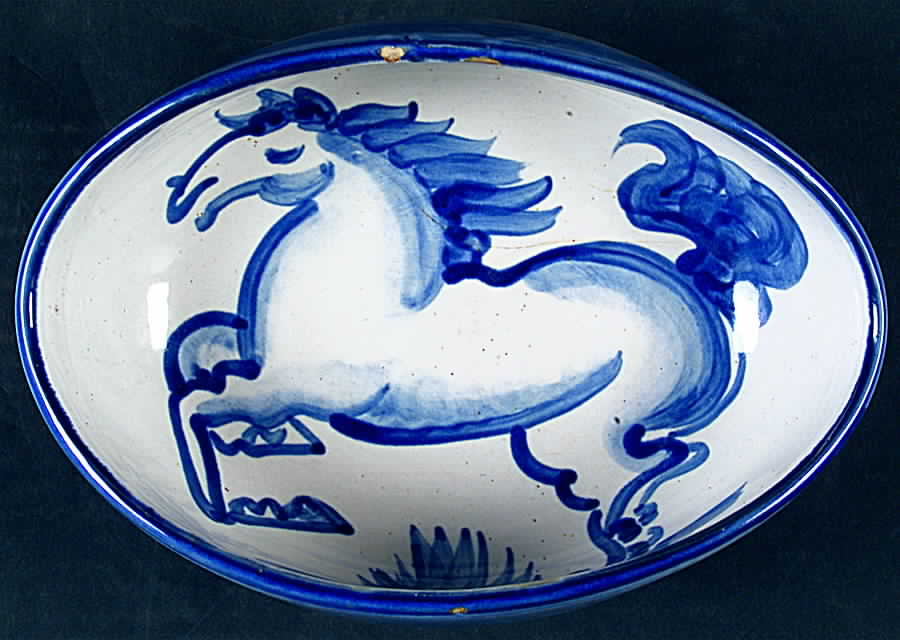 Blue Horse 9" Oval Vegetable Bowl by M A Hadley-1