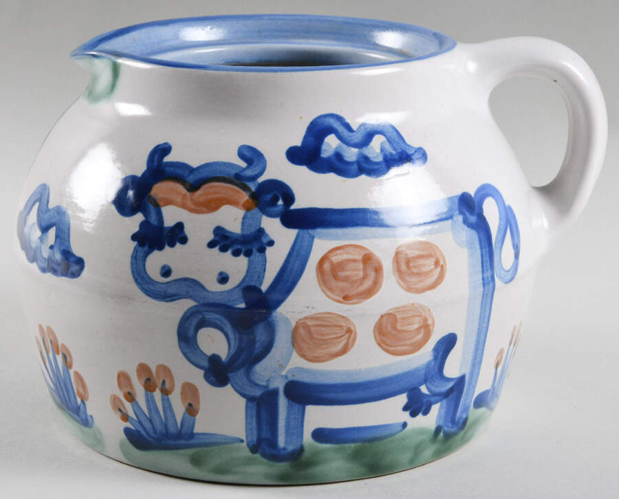 Country Scene Blue Bean Pot No Lid by M A Hadley-1