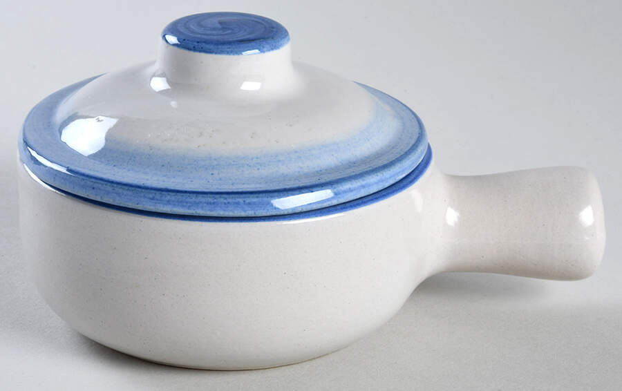 Country Scene Blue Porringer & Lid by M A Hadley-1