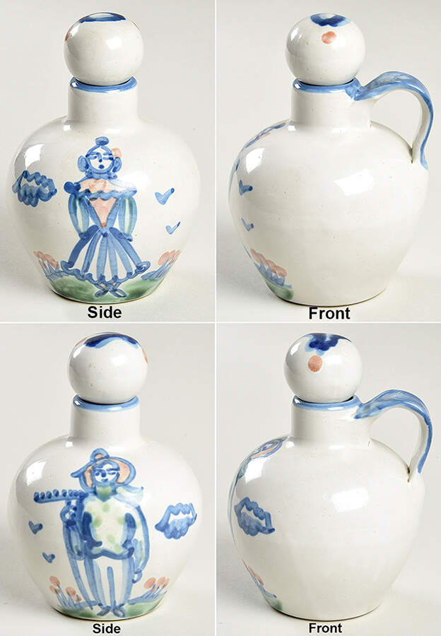Country Scene Blue Handled Vinegar and Oil Set with Stoppers by M A Hadley-1