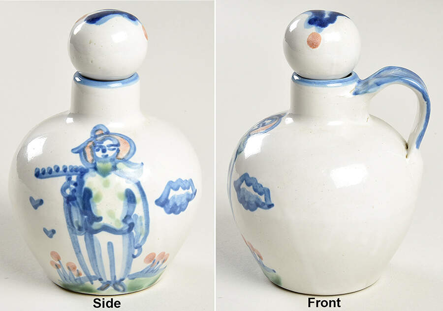 Country Scene Blue Handled Vinegar Cruet with Stopper by M A Hadley-1
