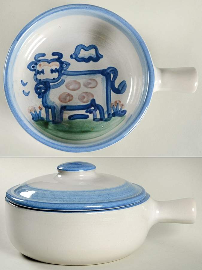 Country Scene Blue Large Porringer & Lid by M A Hadley-1