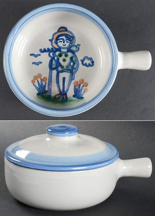 Country Scene Blue Large Porringer & Lid by M A Hadley-1