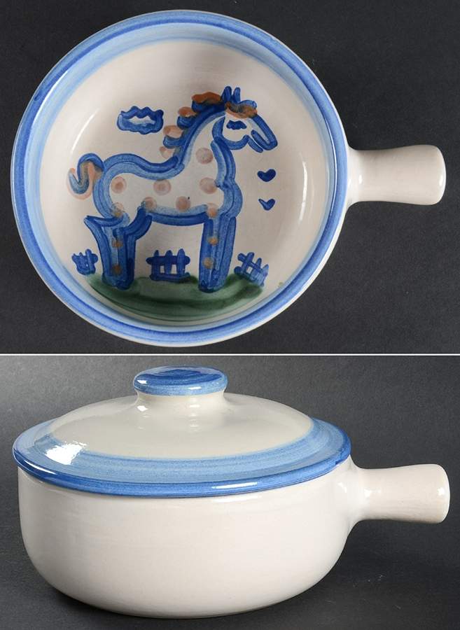 Country Scene Blue Large Porringer & Lid by M A Hadley-1