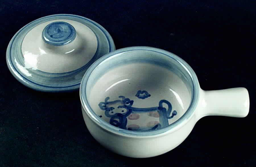 Country Scene Blue Porringer & Lid by M A Hadley-1