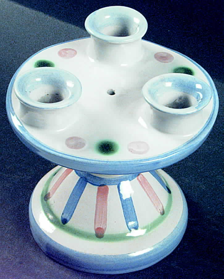 Country Scene Blue Three Light Candlestick by M A Hadley-1