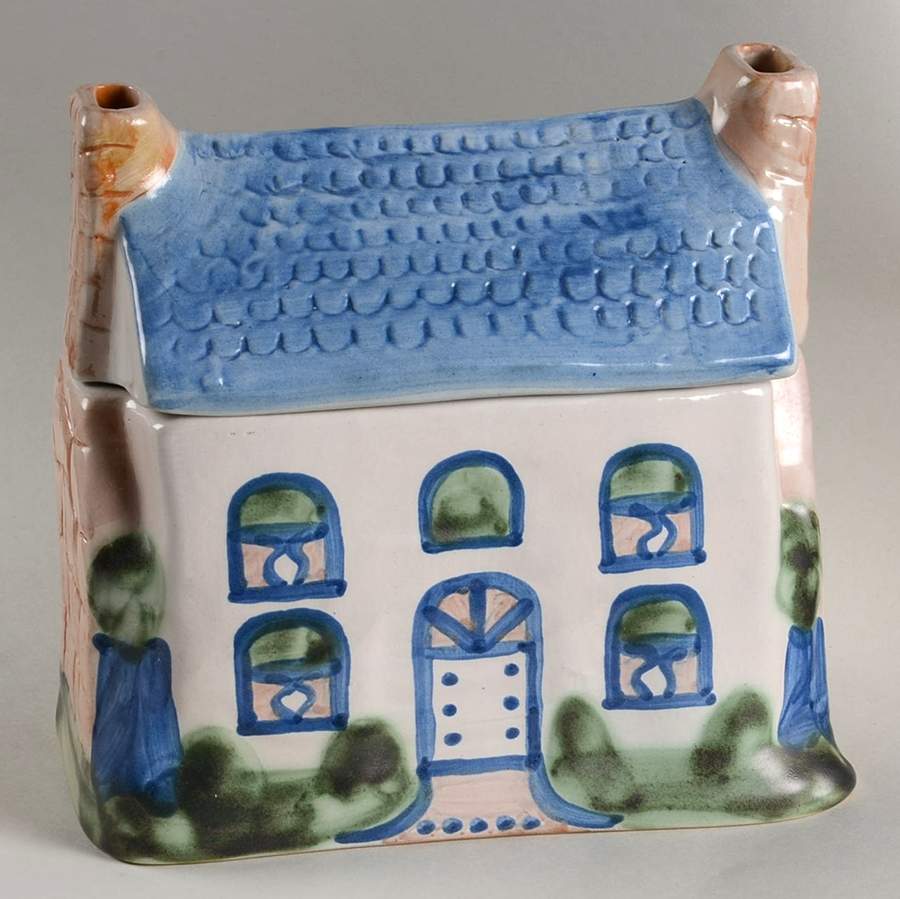 Country Scene Blue House Figural Household Box & Lid by M A Hadley-1