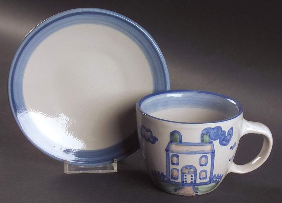 Country Scene Blue Flat Cup & Saucer Set by M A Hadley-1