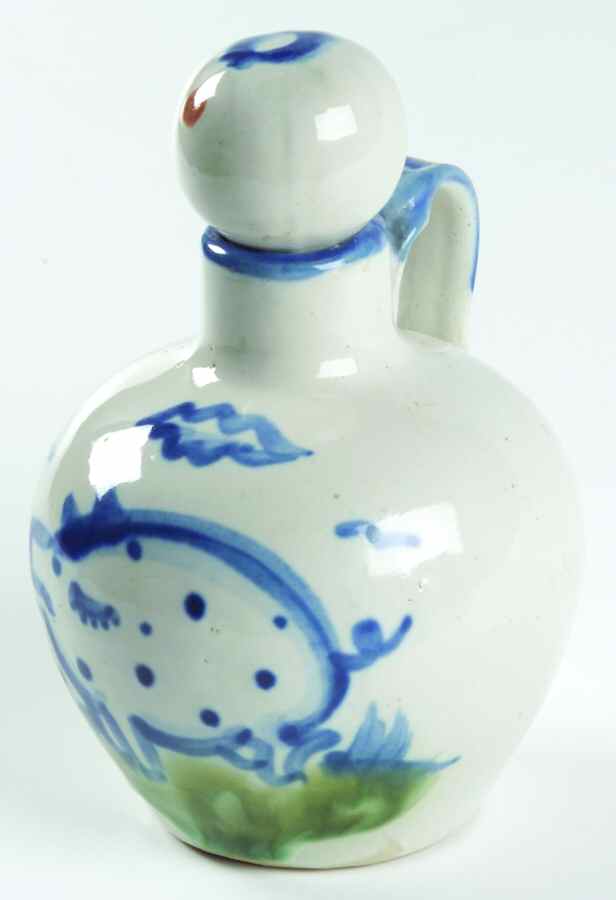 Country Scene Blue Handled Oil Cruet W/Stopper by M A Hadley-1