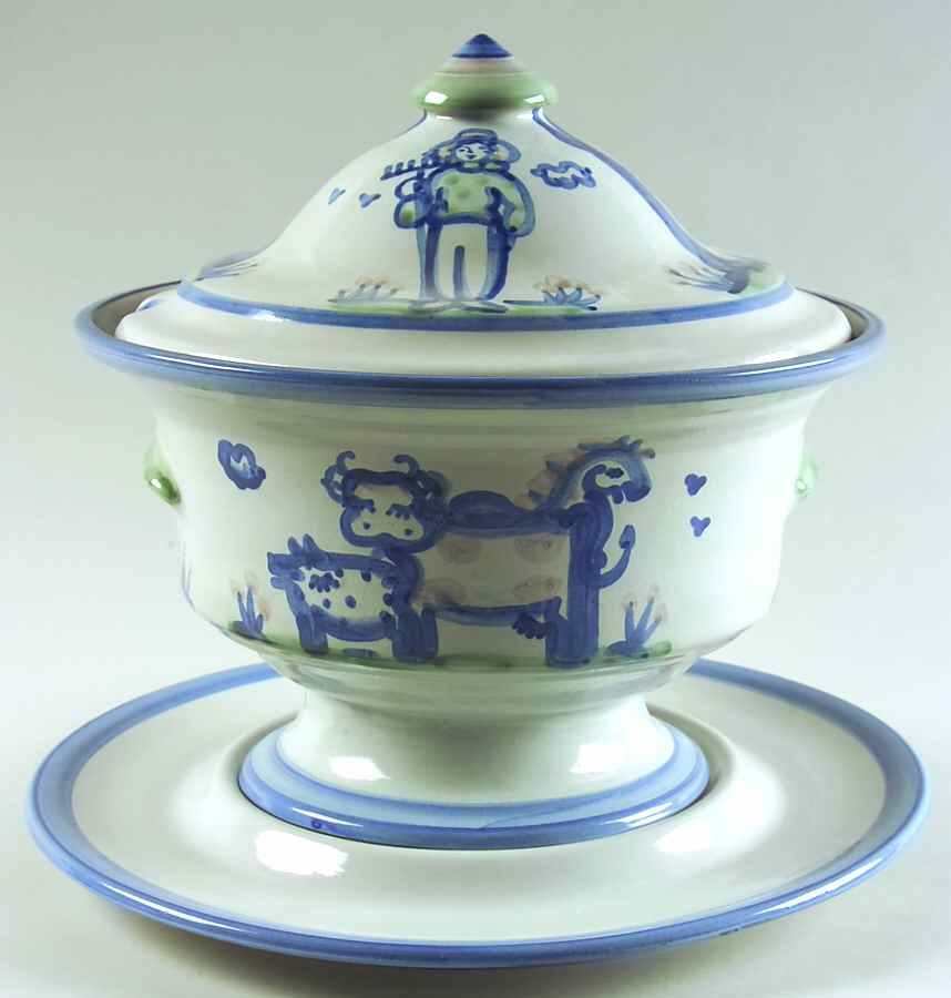 Country Scene Blue Tureen & Lid w/Underplate by M A Hadley-1