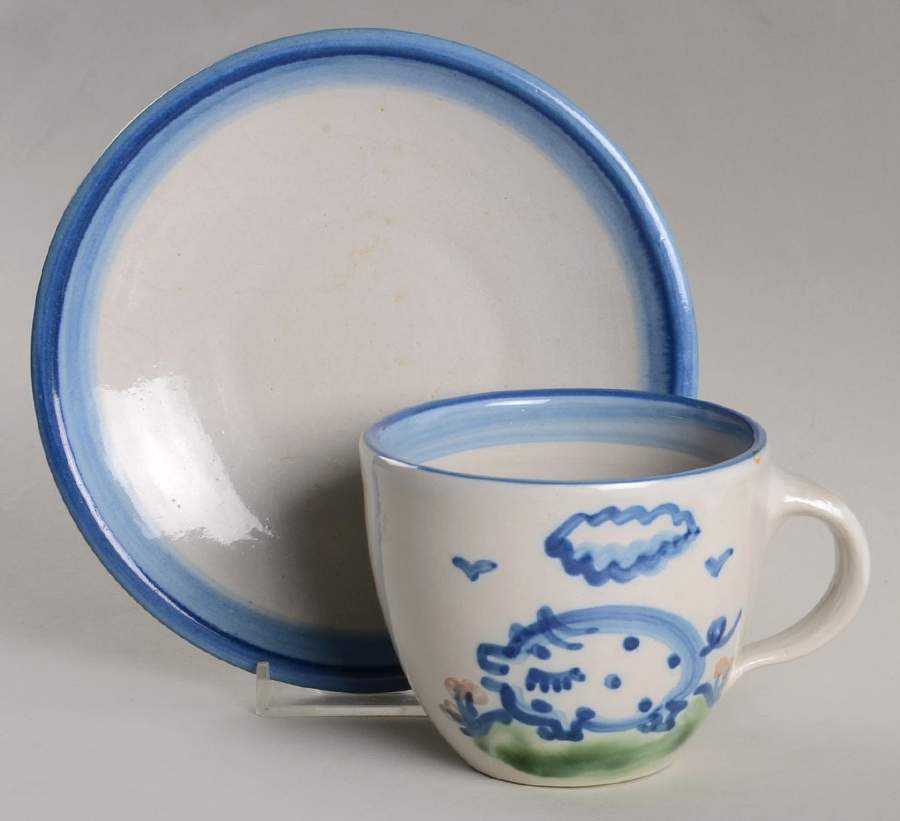 Country Scene Blue Flat Cup & Saucer Set by M A Hadley-1