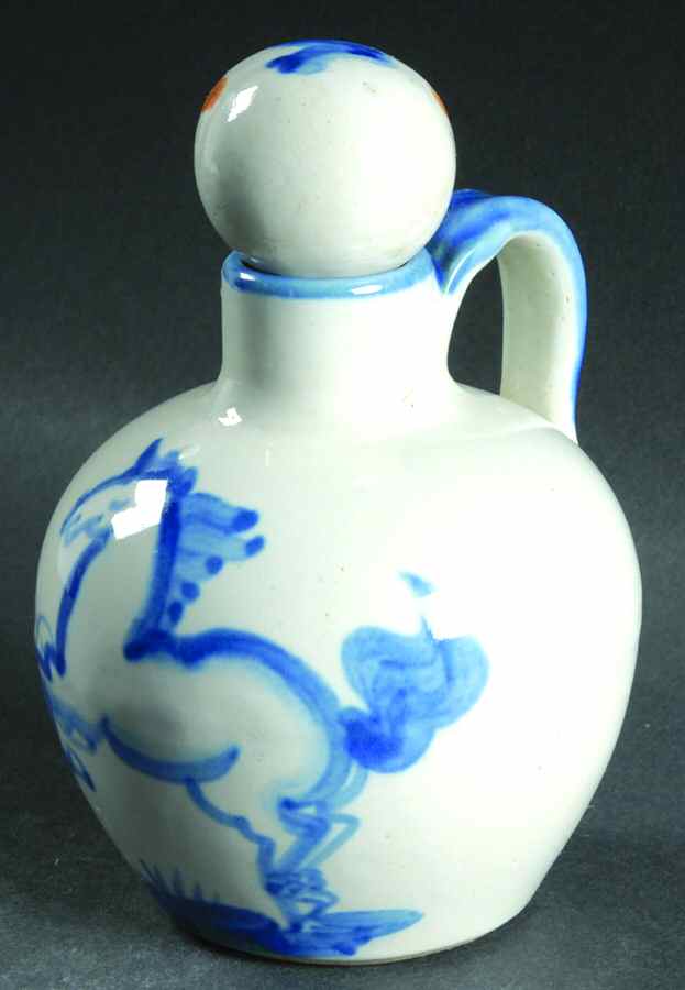 Country Scene Blue Handled Vinegar Cruet with Stopper by M A Hadley-1