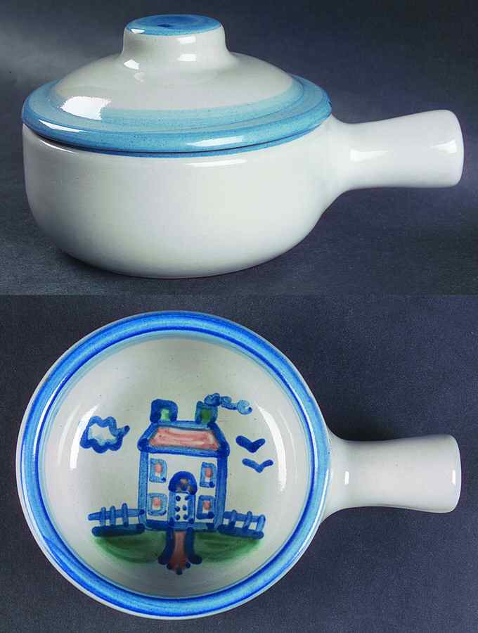 Country Scene Blue Porringer & Lid by M A Hadley-1