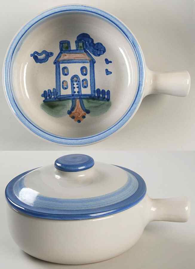 Country Scene Blue Large Porringer & Lid by M A Hadley-1
