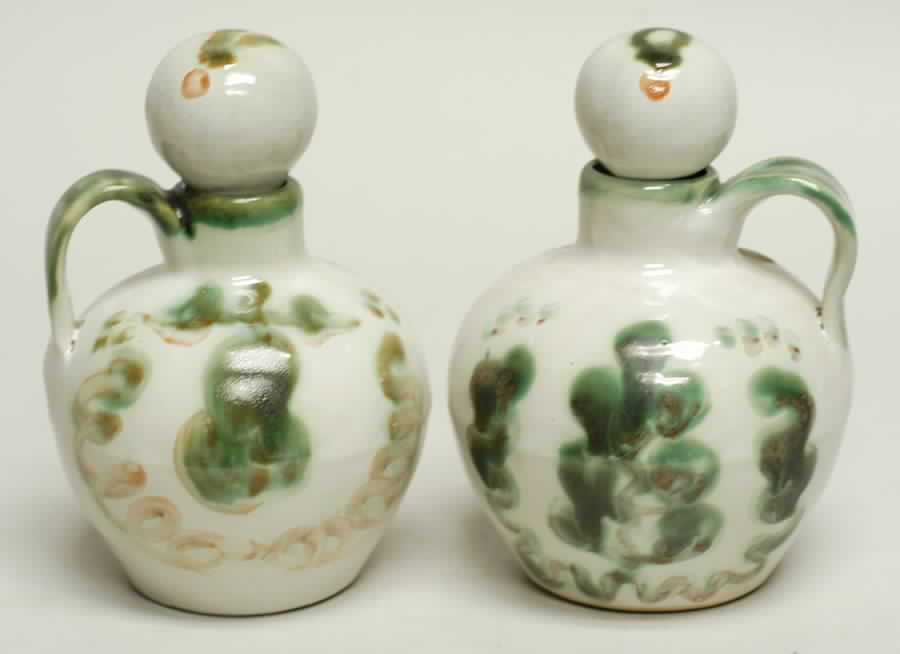 Pear and Grape Green Vinegar and Oil Set with "V" and "O" Stoppers by M A Hadley-1