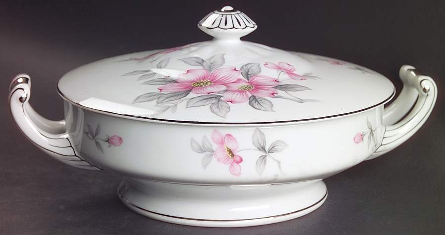 Dogwood (Platinum Trim) Round Covered Vegetable by Harmony House China-1