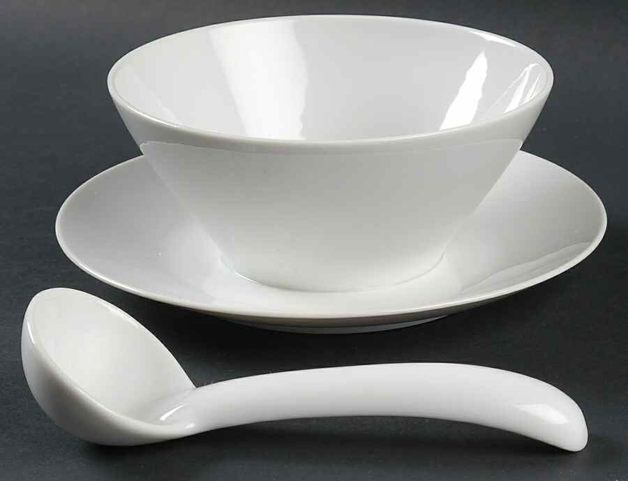 Moonglow White Round Gravy Boat Attached Underplate & Ladle by Harmony House China-1