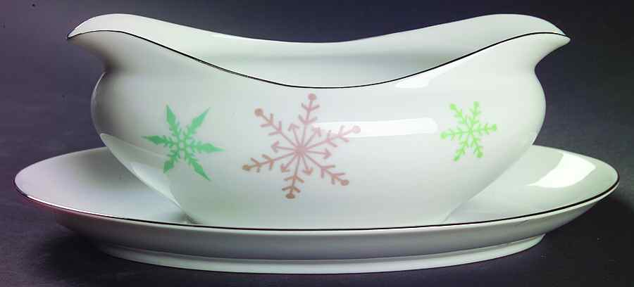 Snowflake (All Over Flakes) Gravy Boat with Attached Underplate by Harmony House China-1
