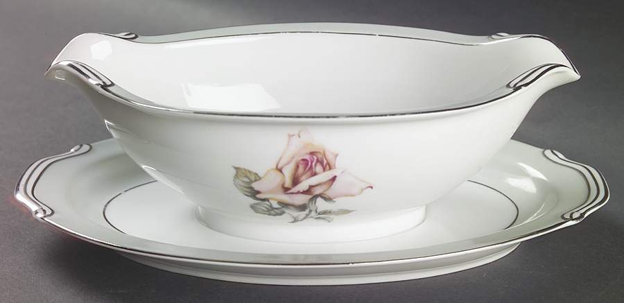 Damask Rose Gravy Boat with Attached Underplate by Halsey-1