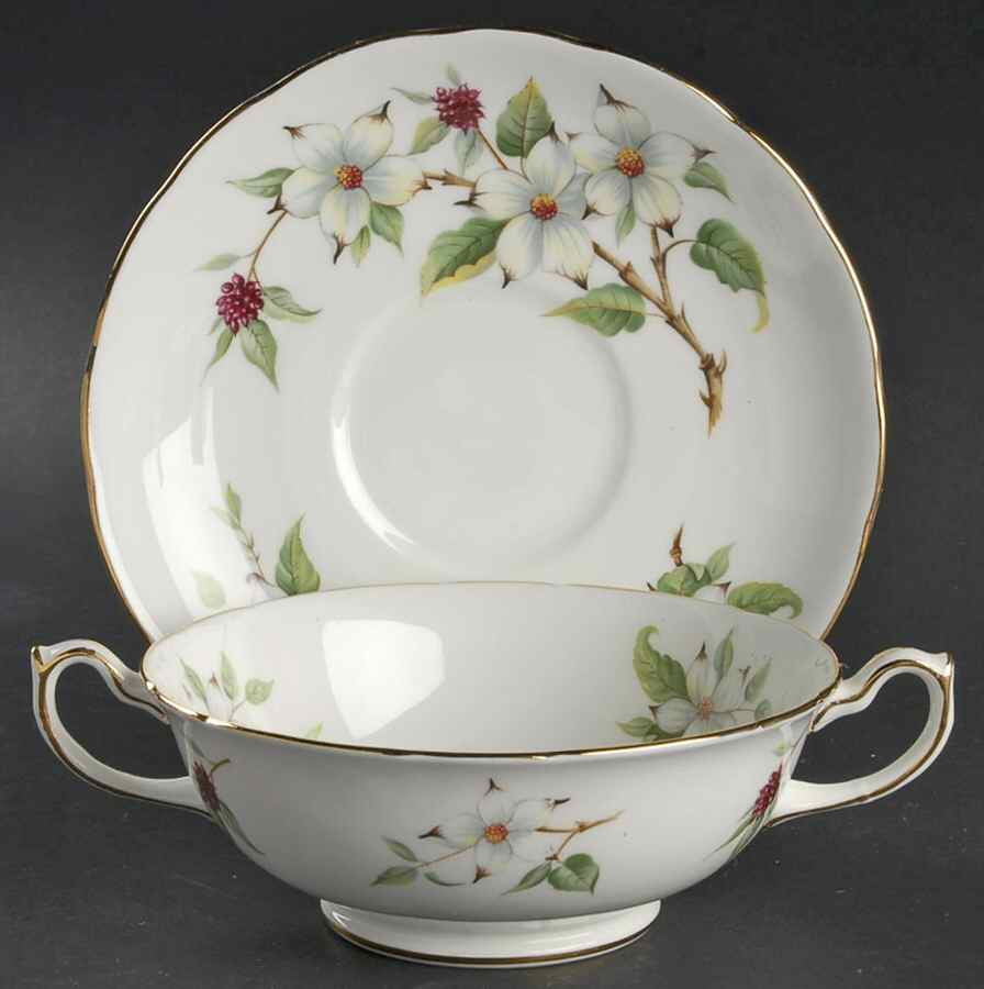 Dogwood Blossom Footed Cream Soup Bowl & Saucer Set by Hammersley-1
