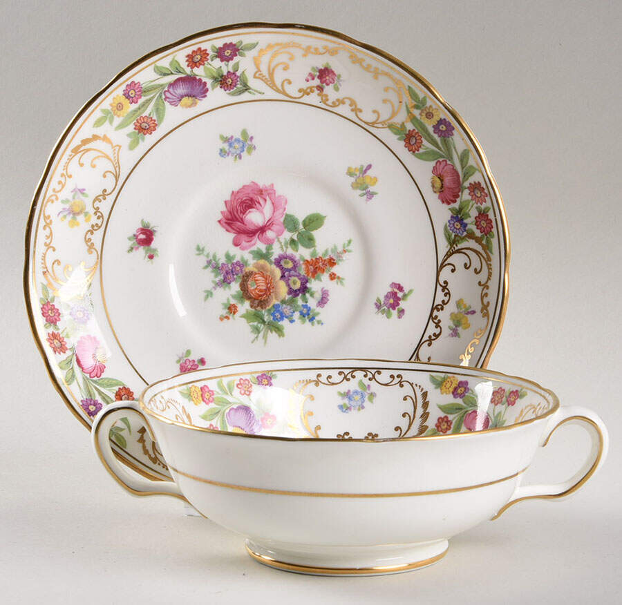 Dresden Sprays Footed Cream Soup Bowl & Saucer Set by Hammersley-1