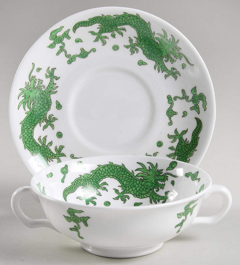 Green Dragon Footed Cream Soup Bowl & Saucer Set by Hammersley-1