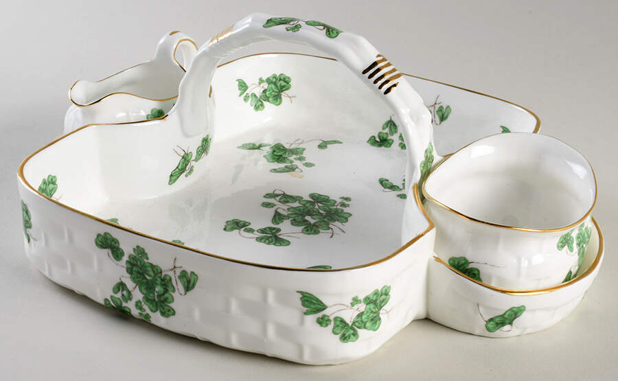 Lucky Shamrock (Embossed Scrolls) Strawberry Basket W/Creamer & Open Sugar by Hammersley-1