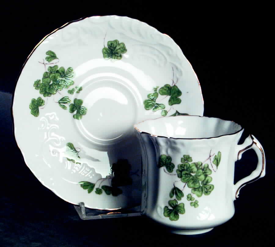 Lucky Shamrock (Embossed Scrolls) Flat Cup & Saucer Set by Hammersley-1