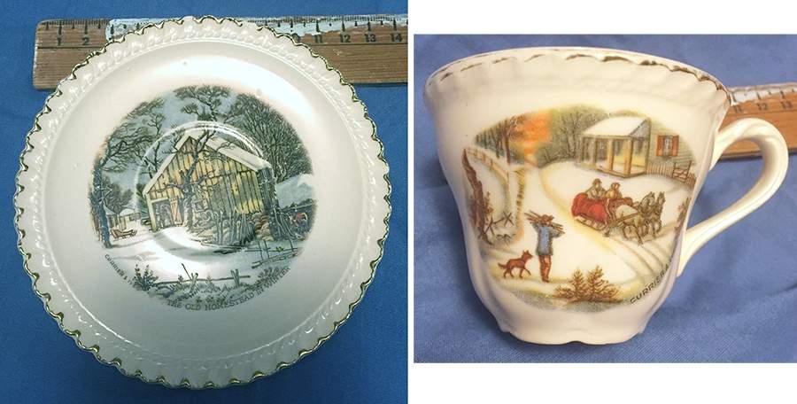 Currier & Ives (No Gold Inner Band) Flat Cup & Saucer Set by Harker-1