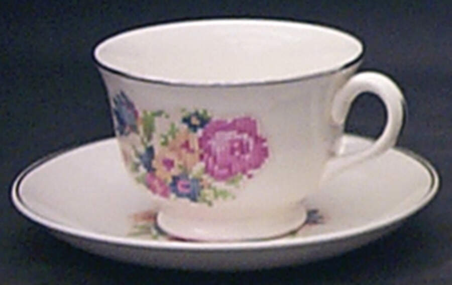 Petit Point Footed Cup & Saucer Set by Harker-1