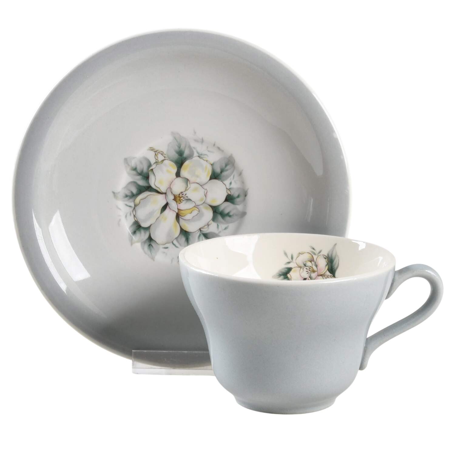 Springtime (Gray Rim) Flat Cup & Saucer Set by Harker-1