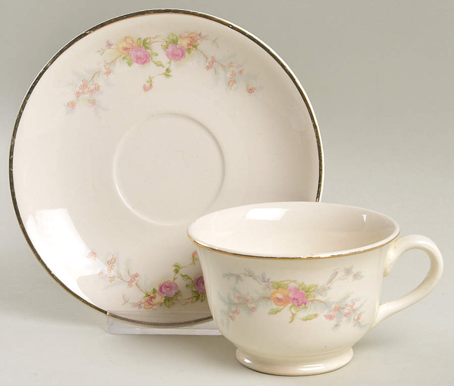 Sweetheart Rose (Tan Verge) Footed Cup & Saucer Set by Harker-1