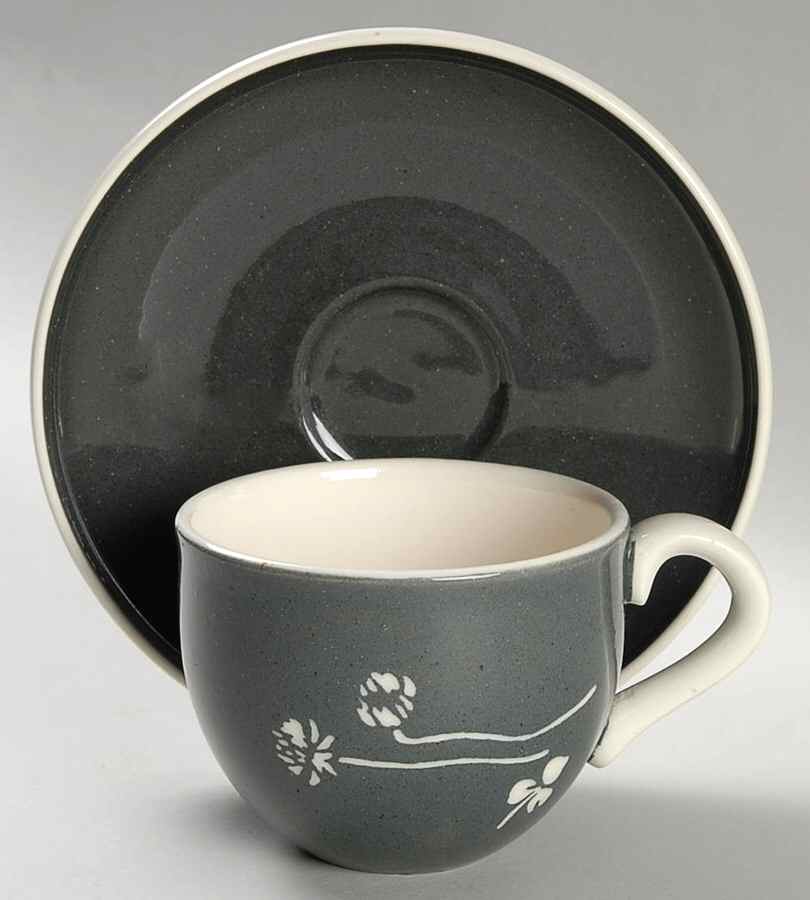 White Clover Charcoal Gray Flat Cup & Saucer Set by Harker-1