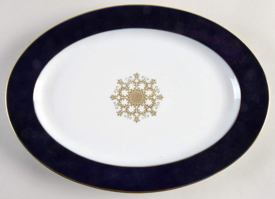 Empire (Gold Medallion, Cobalt Band, #A8977) 13" Oval Serving Platter by Heinrich - H&C-1