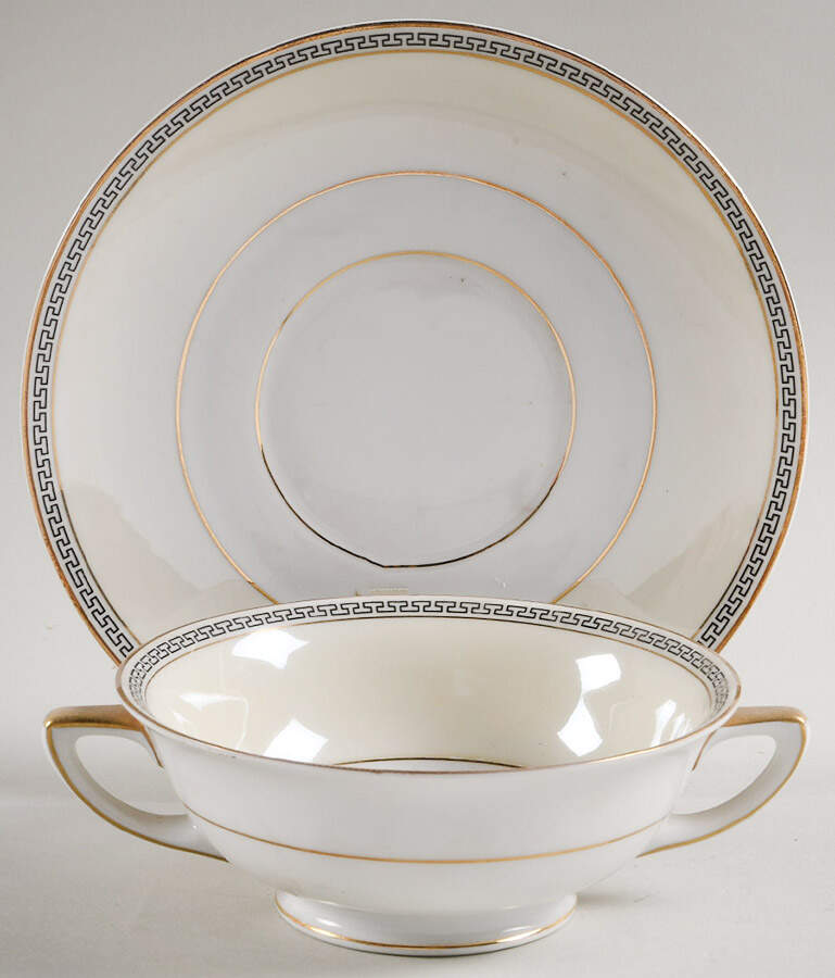 Greek Key Black (Cream Rim, White Center) Footed Cream Soup Bowl & Saucer Set by Heinrich - H&C-1