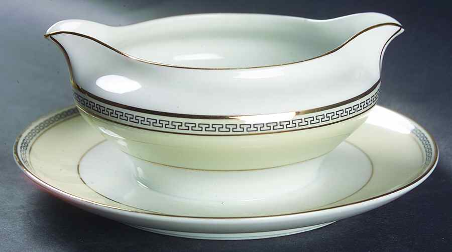 Greek Key Black (Cream Rim, White Center) Gravy Boat with Attached Underplate by Heinrich - H&C-1