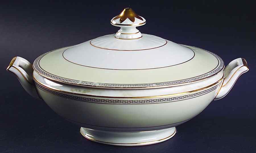 Greek Key Black (Cream Rim, White Center) Round Covered Vegetable by Heinrich - H&C-1