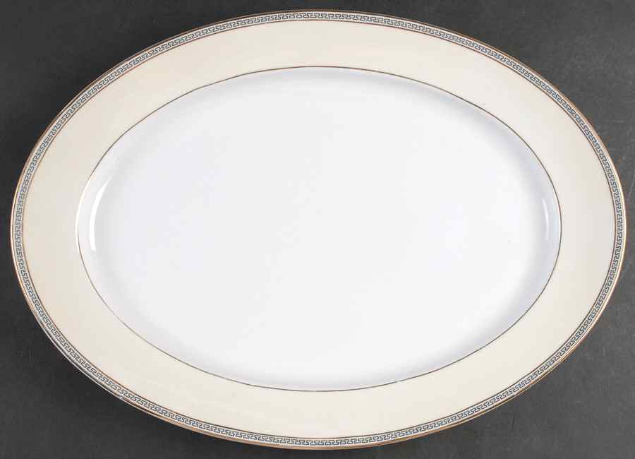 Greek Key Black (Cream Rim, White Center) 16" Oval Serving Platter by Heinrich - H&C-1