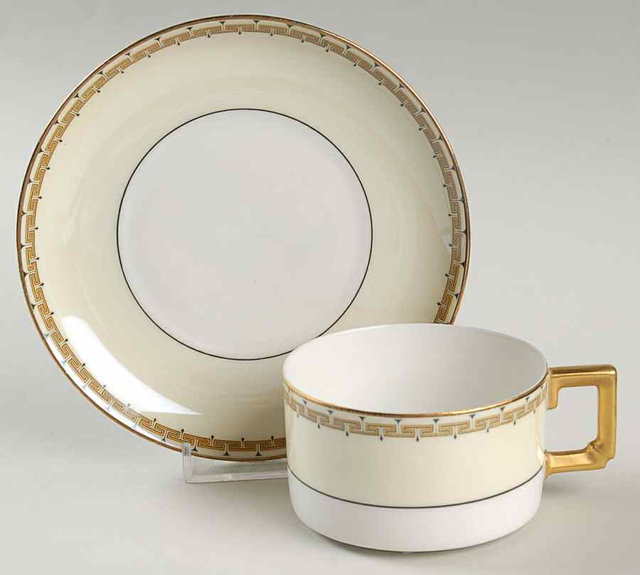 Greek Key Black (Cream Rim, White Center) Flat Cup & Saucer Set by Heinrich - H&C-1