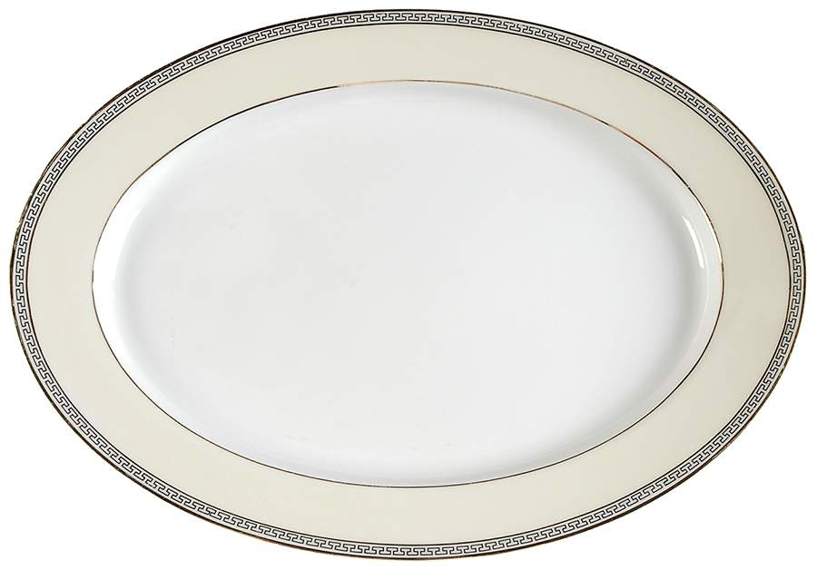 Greek Key Black (Cream Rim, White Center) 11" Oval Serving Platter by Heinrich - H&C-1