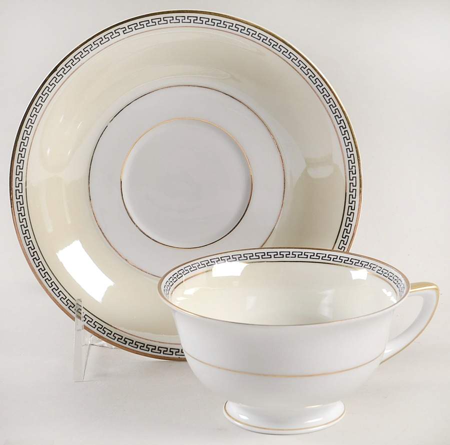 Greek Key Black (Cream Rim, White Center) Footed Cup & Saucer Set by Heinrich - H&C-1